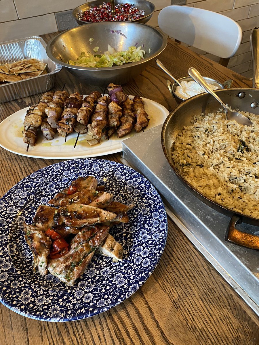 souvlocke's tweet photo. Thank you from the bottom of our hearts for your overwhelming support! You made the 1st day of our relaunch an unbelievable success &amp; we can’t wait to feed you again tonight. After the rush we enjoyed a staff meal (pictured). 
We missed our food too! Open 4-8pm Wed-Sat for pickup https://t.co/i5gfEw9rnf
