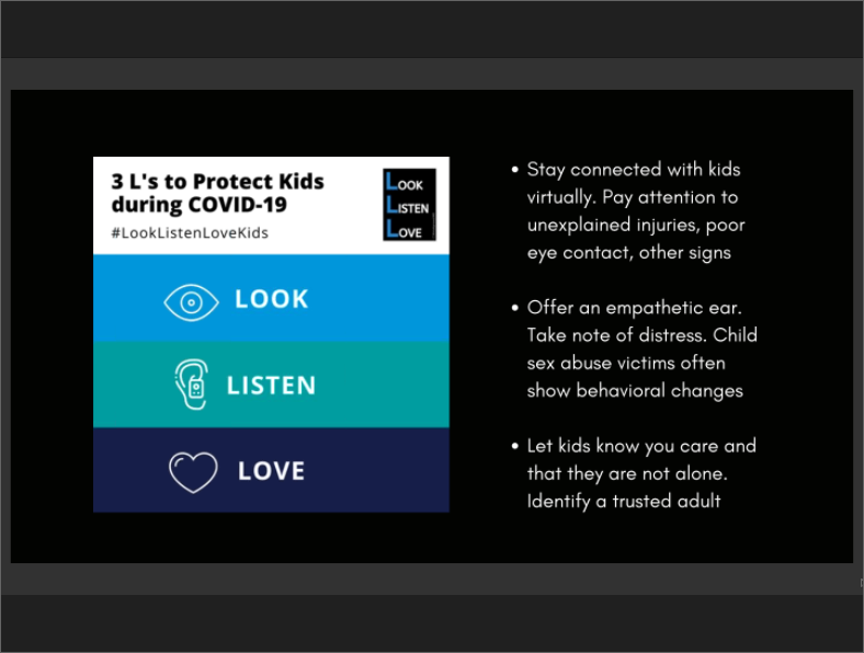 ProsecutorsAGV's tweet photo. VIRTUAL SUMMIT: Prosecutors Respond to COVID-19
Presenter Dr. Nina Agrawal of Columbia University Dept. of Pediatrics: "How can we find out about abuse happening to children with schools closed?"
#LookListenLoveKids #InThisTogether #PAGV https://t.co/gXgOfikwD3