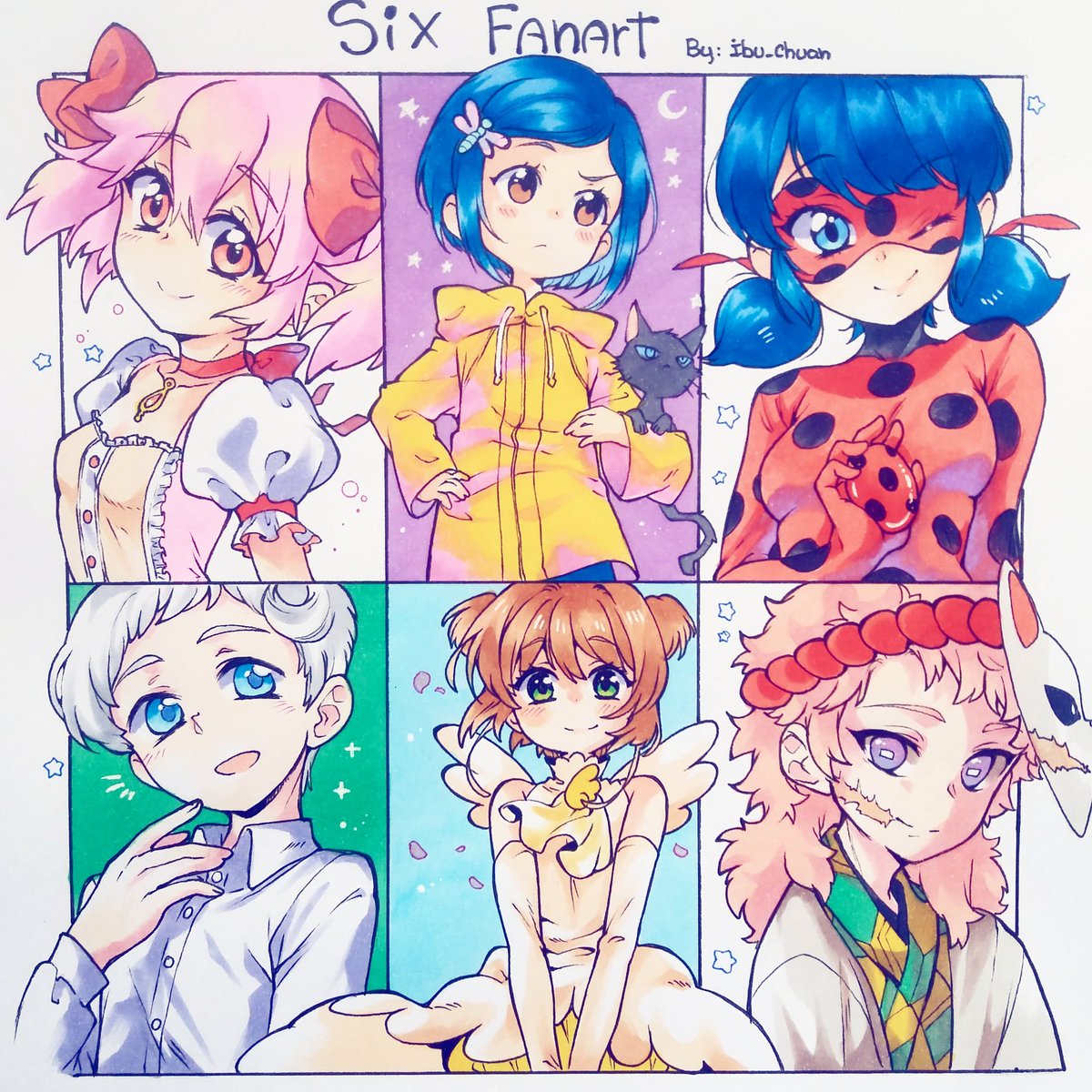 #SixFanarts Y lo terminé! Si no les gusta, me dicen el día y el lugar y lo arreglamos como las machas(? En orden: Madoka, Coraline, Ladybug, Norman, Sakura y Sabito 💗💗