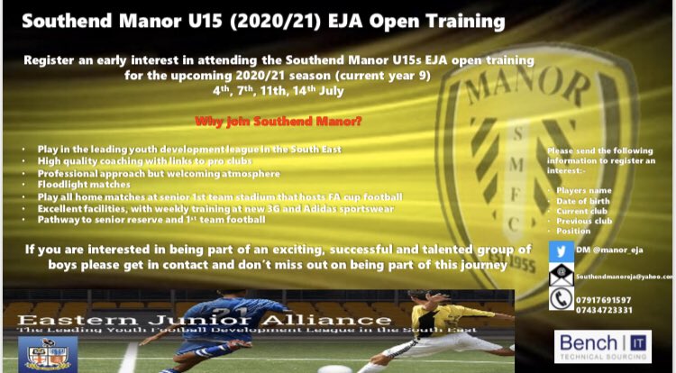 Ex Southend Manor FC (@manor_eja) on Twitter photo **OPEN TRAINING UPDATE** our friends at IPSWICH TOWN FC have kindly agreed for senior recruitment scouts to attend our midweek open training sessions. 4th, 7th, 11th, 14th July, if you are interested please get in touch <a href="/EssexCountyFA/">Essex County FA</a> <a href="/EJALeague/">EasternJnrAlliance</a> <a href="/ITFCCommunity/">ITFC Foundation</a> <a href="/U16Manor/">Southend Manor U16</a> **OPEN TRAINING UPDATE** our friends at IPSWICH TOWN FC have kindly agreed for senior recruitment scouts to attend our midweek open training sessions. 4th, 7th, 11th, 14th July, if you are interested please get in touch <a href="/EssexCountyFA/">Essex County FA</a> <a href="/EJALeague/">EasternJnrAlliance</a> <a href="/ITFCCommunity/">ITFC Foundation</a> <a href="/U16Manor/">Southend Manor U16</a>