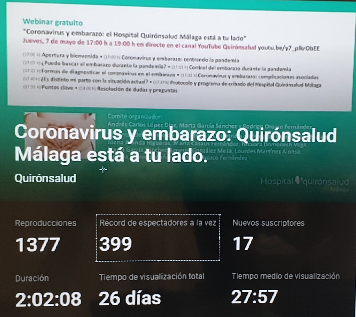 violetasegura's tweet photo. 399 espectadores en la #webinar de #coronavirus y #embarazo de @quironsalud #Málaga 👏🏼👏🏼👏🏼 #Gracias, gracias, gracias al equipo de #Obstetricia de #Quirónsalud por  estar al lado de las #embarazadas, más aún en esta situación, y a #ELLAS por el ejemplo 🌈 #TodoVaASalirBien 🤰🤱❤ https://t.co/YyUEAYtLYQ