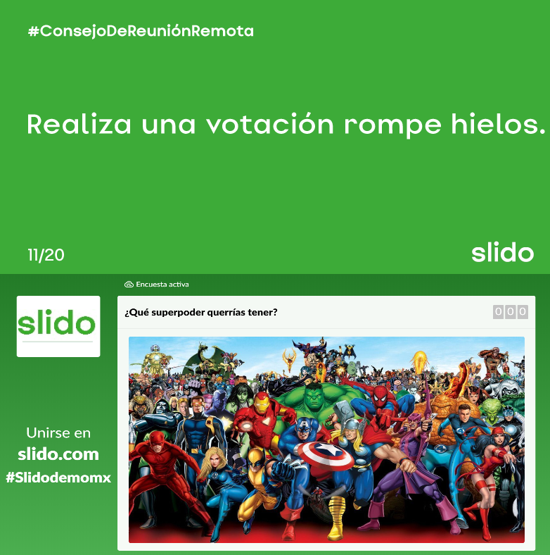 #RemoteMeetingTip [11/20]: En grupos medianos o grandes donde es difícil ponerse al día con todos. Empieza la reunión con una votación de calentamiento divertida con los participantes y rompe el hielo.
Slido es tu aliado ideal. Prueba la versión gratuita. #webinar #interacción