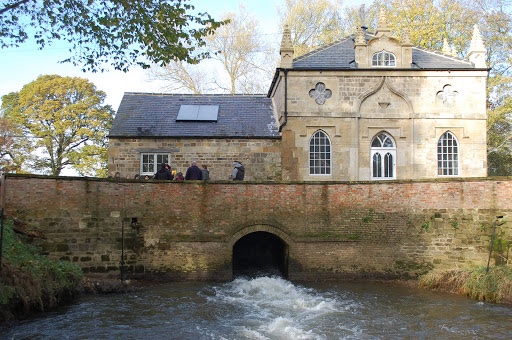 3.19/ Howsham Mill. Water powered corn mill constructed to look like a gothic revival folly circa 1755. Redundant since 1947 it became a roofless ruin. Grant funding allowed it to be restored & it now sells electricity to the National Grid produced using its Archimedes screws.