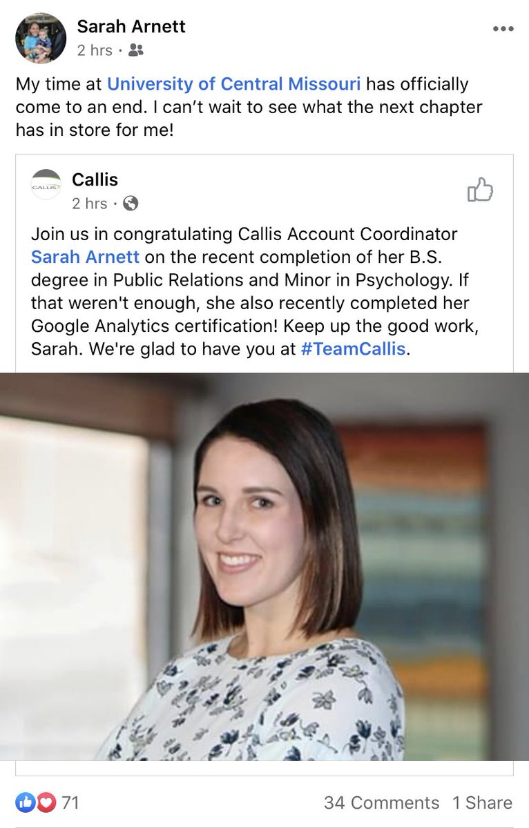 UCMInnovativePR's tweet photo. Congrats to former IPR student Sarah Arnett! Good luck with the new job and starting your future with #Callis https://t.co/uzxbc4mCFQ
