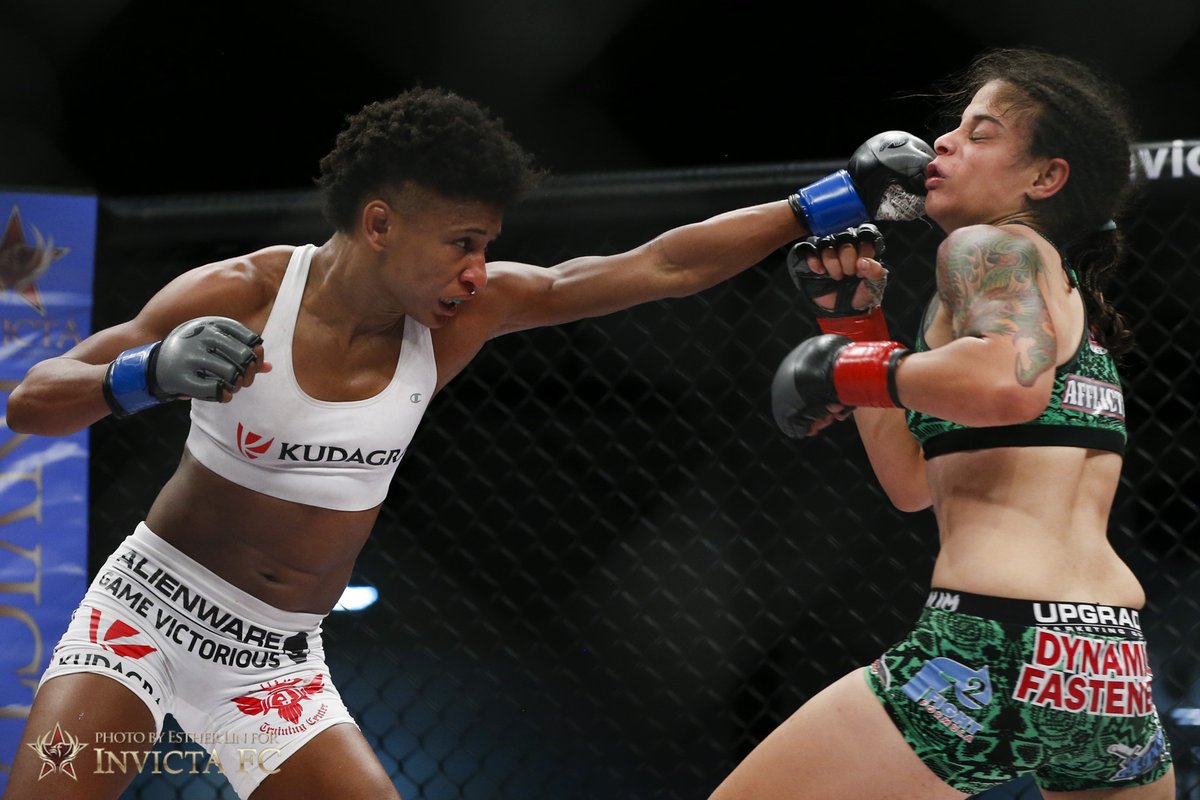 InvictaFights's tweet photo. On This Day: In the co-main event of #InvictaFC17, the strawweight champion changed hands as @AngieOverkill claimed a split decision win over Brazil’s Livia Renata Souza. https://t.co/6X1OK4IN4a