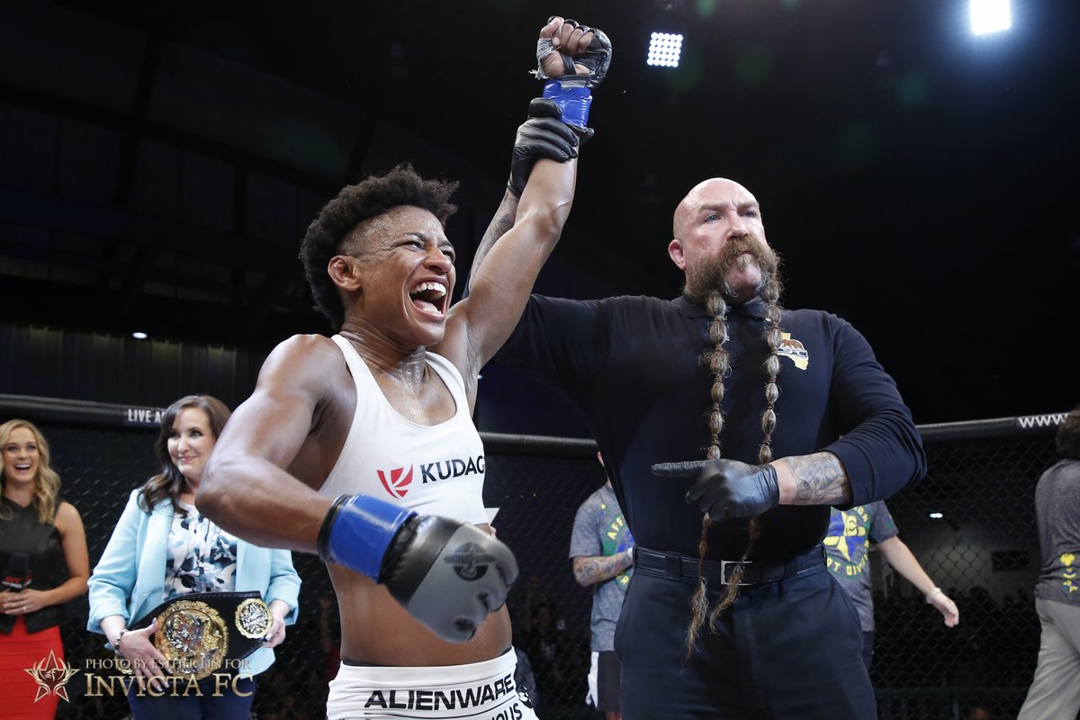 InvictaFights's tweet photo. On This Day: In the co-main event of #InvictaFC17, the strawweight champion changed hands as @AngieOverkill claimed a split decision win over Brazil’s Livia Renata Souza. https://t.co/6X1OK4IN4a