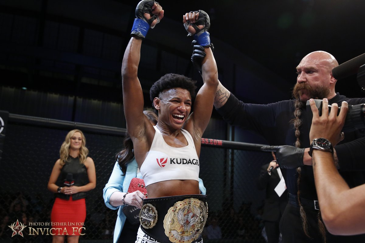 InvictaFights's tweet photo. On This Day: In the co-main event of #InvictaFC17, the strawweight champion changed hands as @AngieOverkill claimed a split decision win over Brazil’s Livia Renata Souza. https://t.co/6X1OK4IN4a