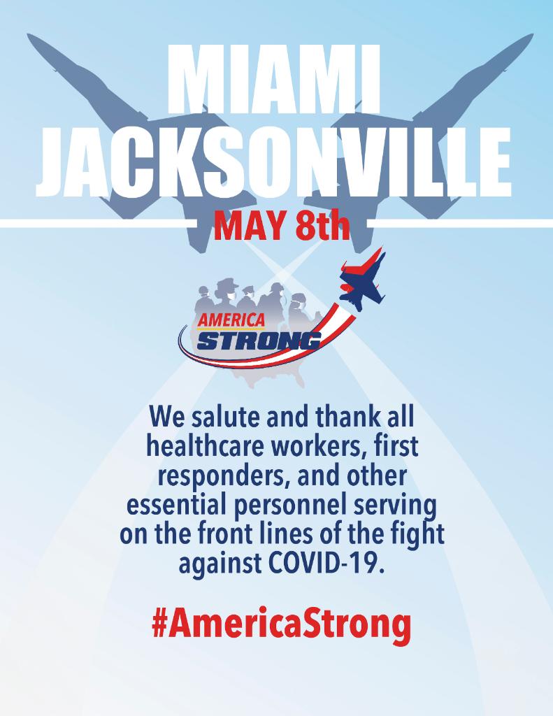 USNavy's tweet photo. Mark your calendars! 

The @BlueAngels will honor Florida frontline #COVID19 responders and essential workers with formation flights over Jacksonville and Miami, May 8. #AMERICASTRONG

Details: https://t.co/jfwJRnW1ze https://t.co/dumnmFIUlF