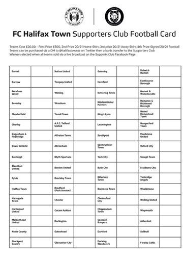 ⚽️ The Big Football Card ⚽️ £500 first prize for our lucky winner with 3 other great prizes. Teams available to buy online for £20, just DM us with your team choice.  All teams from National League &amp; National League North and South all proceeds go to #fcht  Please Share