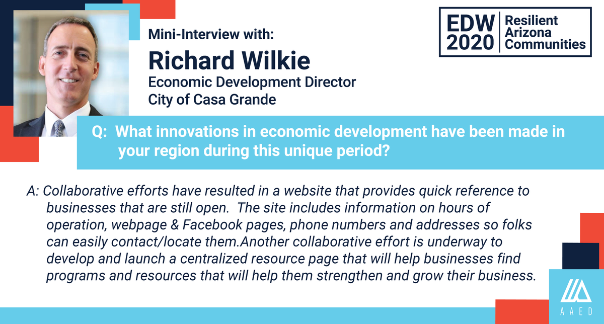_AAED's tweet photo. It’s day four of #EconDevWeek and #aaedAZ is highlighting #resilientAZ Communities.

Our mini-interview with Richard Wilkie, Economic Development Director with the @cgazgov is now live!

Visit https://t.co/GFwZZHzQt2 to read and share his full interview!

#EDW2020 #aztogether https://t.co/FLlFQVTcP3