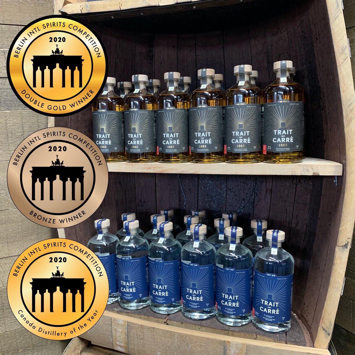 Distillerie_QC's tweet photo. La Distillerie de Québec a reçu de nouvelles reconnaissances lors de l’édition 2020 du Berlin International Spirits Competition, le gin Trait-Carré a gagné une médaille de bronze et le gin vieux Trait-Carré 1665 s’est vu mérité rien de moins qu’une double médaille d’or ! https://t.co/MYAAhZLL7X