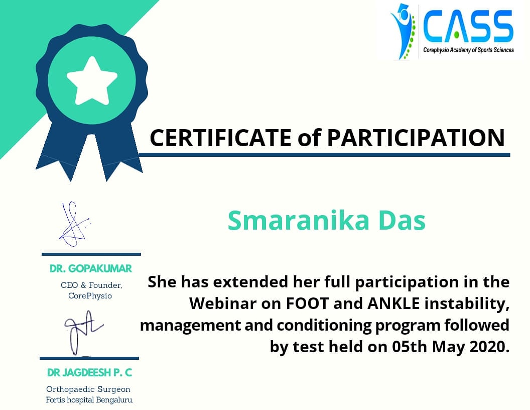 Smaranika_22's tweet photo. Completed the webinar on 'Foot and Ankle Instability: management and condition ok ng'  by #Gopakumar and #corephysio.

#COVID #COVID19 #CoronaVirus #CoronaVirusOutbreak #StayHome #IndiaFightsCorona #UpSkillPT #CuramosHealthcare #StayHomeandLearn #lockdownlearning https://t.co/CblKKCQRrI