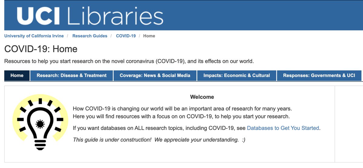 ucilibraries's tweet photo. Are you doing research or writing a paper on #COVID-19? This #UCILibraries Research Guide is a great place to start. Explore research, news coverage, responses and economic impacts of the virus here: https://t.co/TESOOQOf3Z

#ResearchGuide #Coronavirus #UCI https://t.co/OvEVnZykOC
