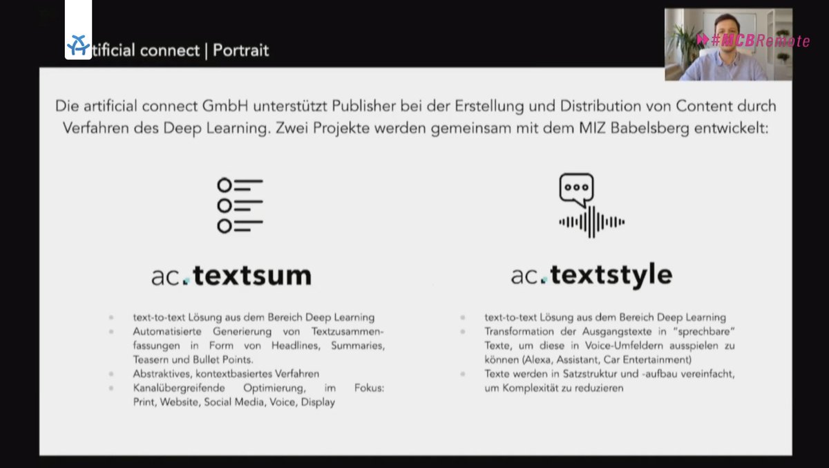 MCB_Berlin's tweet photo. Erstellung und Distribution von Content durch #DeepLearning: @RolfFelix stellt das Projekt #artificialconnect vor. @MIZBabelsberg #MCBRemote https://t.co/Vta5IF4bGr