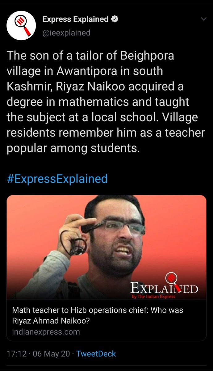 urdinesh's tweet photo. #ExposeTerrorApologists Riyaz Naikoo abducted &amp; killed cops &amp; their families. He killed poor migrant workers. He killed Sarpanches in Kashmir.
Did @IndianExpress, @ReutersIndia &amp; @nytimes ever report it ?
Hypocrites glorify terrorists now.
Request @MIB_India to take note of this https://t.co/sw5ncs0JNM