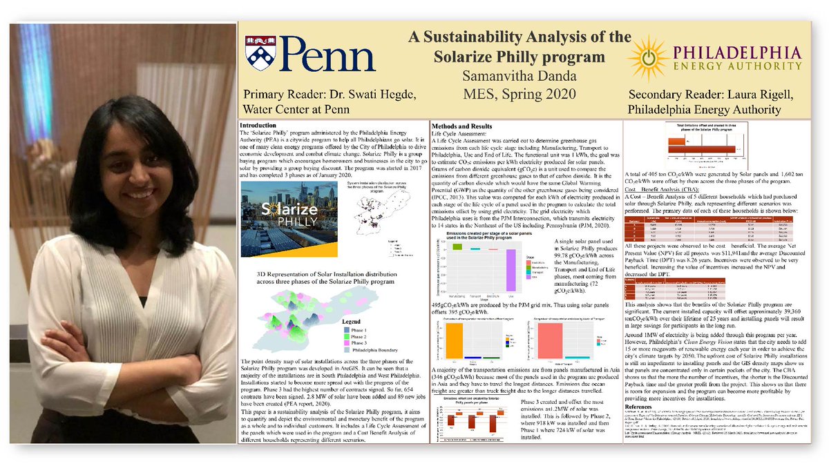 Penn_MES_MSAG's tweet photo. Continuing with our #GraduateResearchSeries: MES student Samanvitha Danda performed a sustainability analysis of the Solarize Philly program. #Penn #PennLPS #PennEES https://t.co/GQEC0EGDVn