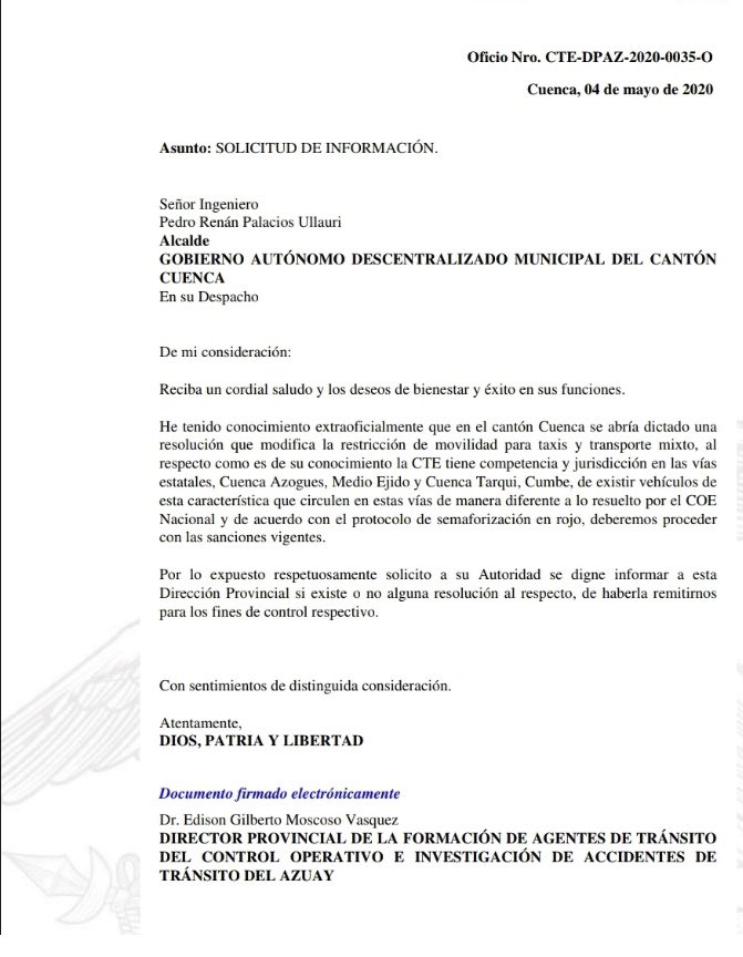 En referencia a las disposiciones emitidas por la <a href="/emov_ep/">EMOV EP Cuenca</a> y solicitadas por <a href="/CTEcuador/">Comisión de Tránsito 🇪🇨</a>. 
1ro Tenemos competencia descentralizada y 2do. Desde el 4 de mayo es responsabilidad del COE cantonal.
