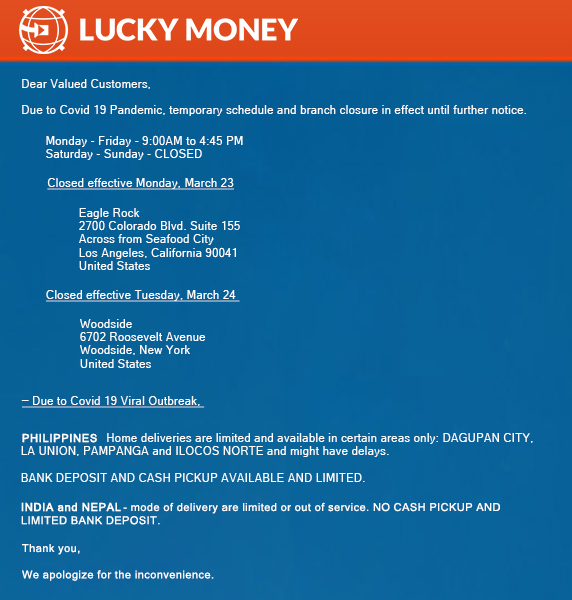 Luckymoneyusa's tweet photo. Lucky Money Inc has been trying to find and help our dear customers during this tough times. As an announcement Pampanga is added to the list of home delivery currently available. 
#newhours #news #remittance #stayhealthy #staysafe #newnotice #helponeanother #helpothers #love https://t.co/a5YwfpgsqY