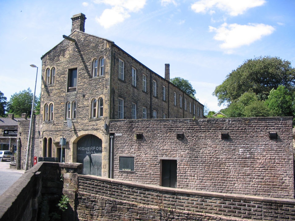 3.21/ Higherford Mill. Water powered cotton mill 1824. Modernised after a serious fire 20 years later. Finally closed in 1969 & was threatened with demolition. The water wheel was removed, but the site and water courses remain. Bought by a trust it is now a hub for artists.