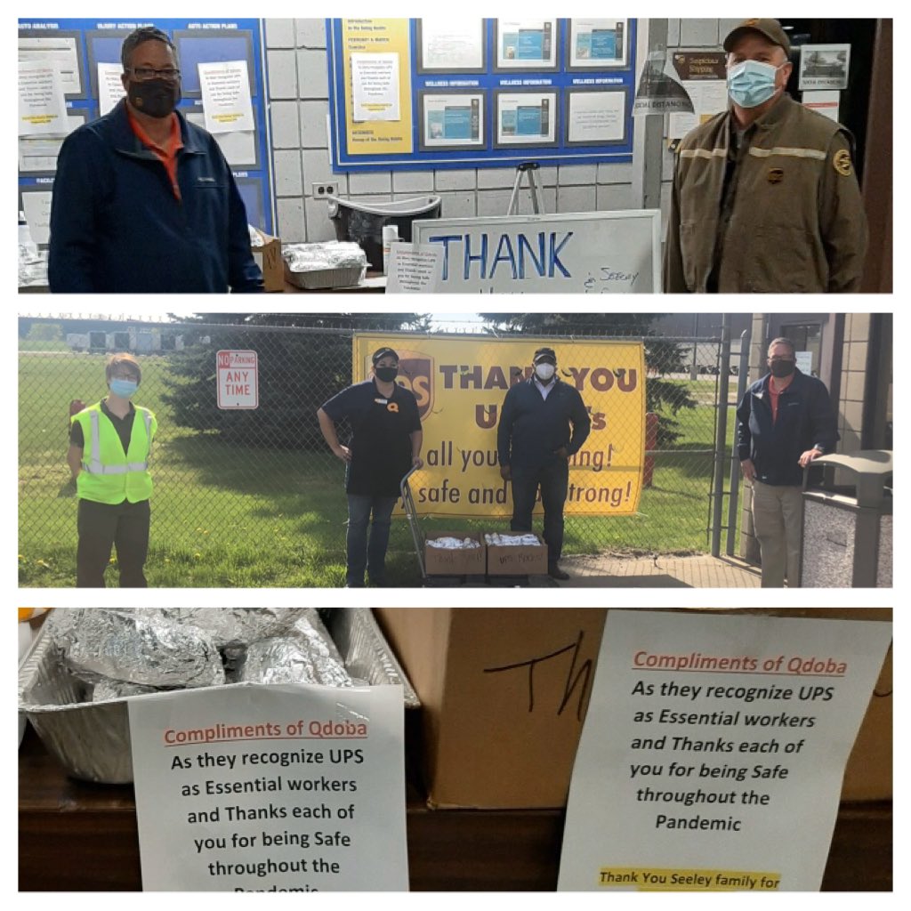 I’d like to say thank you to ⁦@Qdoba⁩ for the thoughtful donation of burritos to the Grand Rapids Hub. Thank you to the Seeley family for suggesting UPS, we are humbled by your generosity and caring. ⁦<a href="/Gr8LakesUPSers/">Great Lakes UPSers</a>⁩ ⁦<a href="/Mark_L_Smith/">Mark Lawrence Smith</a>⁩ ⁦<a href="/PaulHuyser/">Paul Huyser</a>⁩