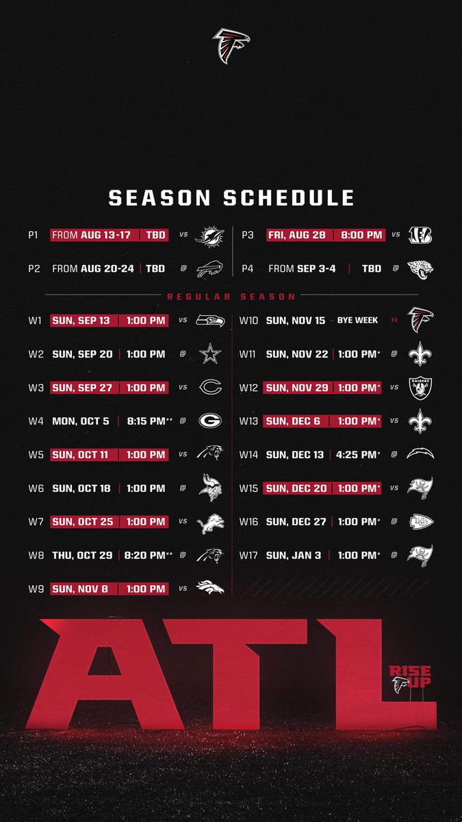 Printable Atlanta Falcons 2021 Schedule