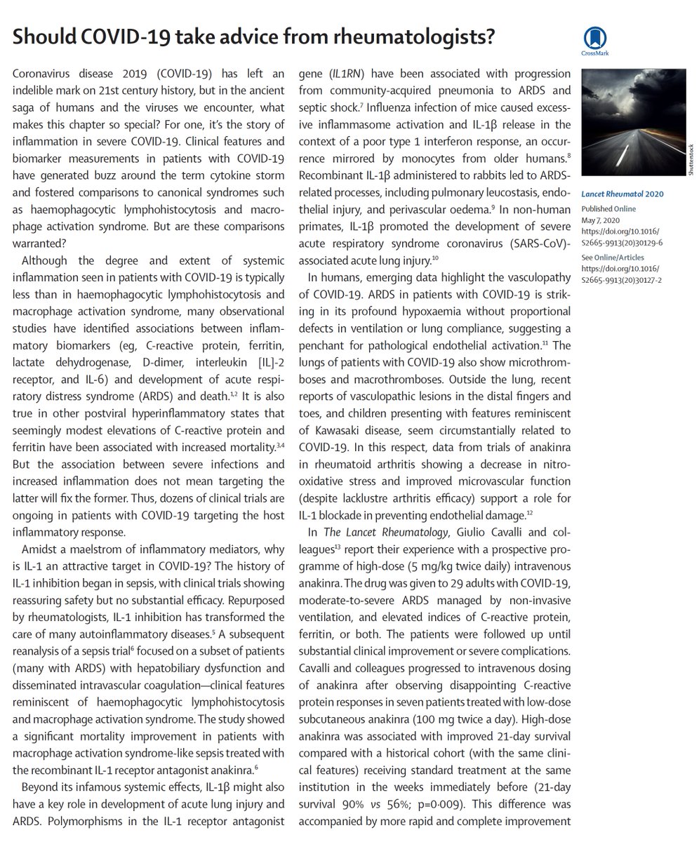 Eric Topol (@erictopol) on Twitter photo 1st report of an Interleukin-1 blocker for #COVID19 )w/ ARDS & hyperinflammation
thelancet.com/action/showPdf… <a href="/TheLancetRheum/">The Lancet Rheumatology</a>
Only 29 patients, no control group, but a signal of potential efficacy with 21 patients showing biomarker improvement and survived. 1st report of an Interleukin-1 blocker for #COVID19 )w/ ARDS & hyperinflammation
thelancet.com/action/showPdf… <a href="/TheLancetRheum/">The Lancet Rheumatology</a>
Only 29 patients, no control group, but a signal of potential efficacy with 21 patients showing biomarker improvement and survived.