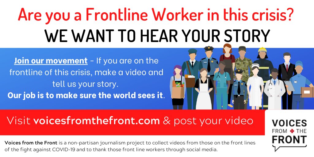 FrontVoices's tweet photo. If you are working on the# covid #frontline, we want to hear what is happening on the ground -  please take 3 minutes to post a video at https://t.co/SCe25yCBY8 and join our global movement. #voicesfromthefront #stayhome #coronavirus https://t.co/1p4Va54czw