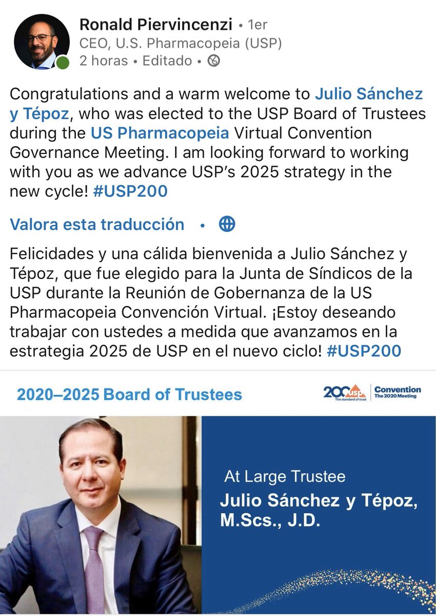 sanchezytepoz's tweet photo. I’m profoundly honored to be part of the Board of Trustees of the @USPharmacopeia 2020-2025. Your leadership towards quality of medicines and public health is a strong incentive to work with you in the following years. Congratulations on the 200 USP Anniversary. @RonPiervincenzi https://t.co/76qASrPFQn