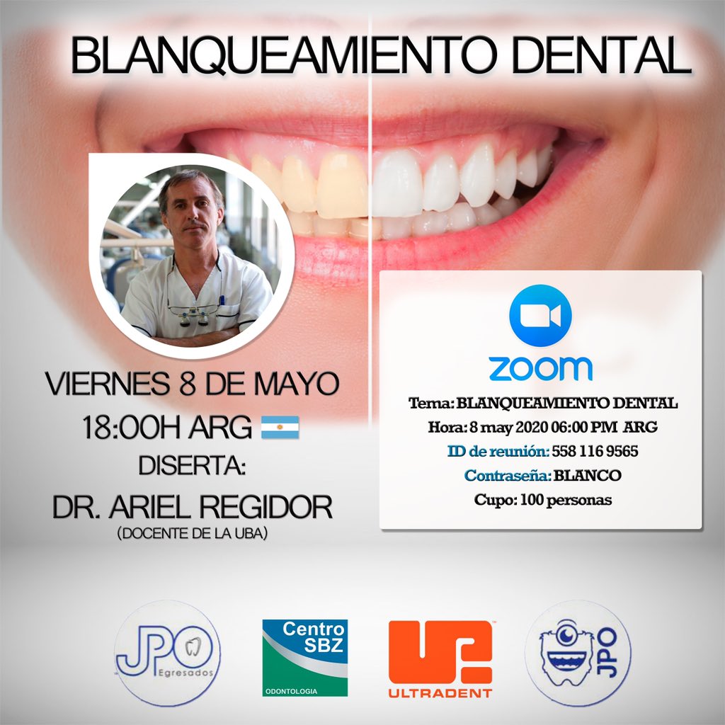 CEO_JPO's tweet photo. 💻 🦷 'Blanqueamiento Dental'

🗓 Viernes a las 18hs.
▶️ Dr. Ariel Regidor (UBA)
🇦🇷 En vivo desde Buenos Aires!

📌 Vía ZOOM (Capacidad 100 personas) https://t.co/sDsTXC4nnx
