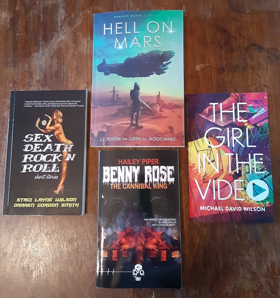 Some more book mail! Amazon is finally catching up.

HELL ON MARS by <a href="/JZFosterAuthor/">J.Z. Foster</a> <a href="/justinmwoodward/">Author Justin M. Woodward</a> 

THE GIRL IN THE VIDEO by <a href="/WilsonTheWriter/">Michael David Wilson</a> 

BENNY ROSE THE CANNIBAL KING by @HaileyPiperSays 

SEX DEATH ROCK N ROLL by <a href="/staciwilson/">Staci Layne Wilson</a> (Thanks Staci)

#bookmail #supporthorror