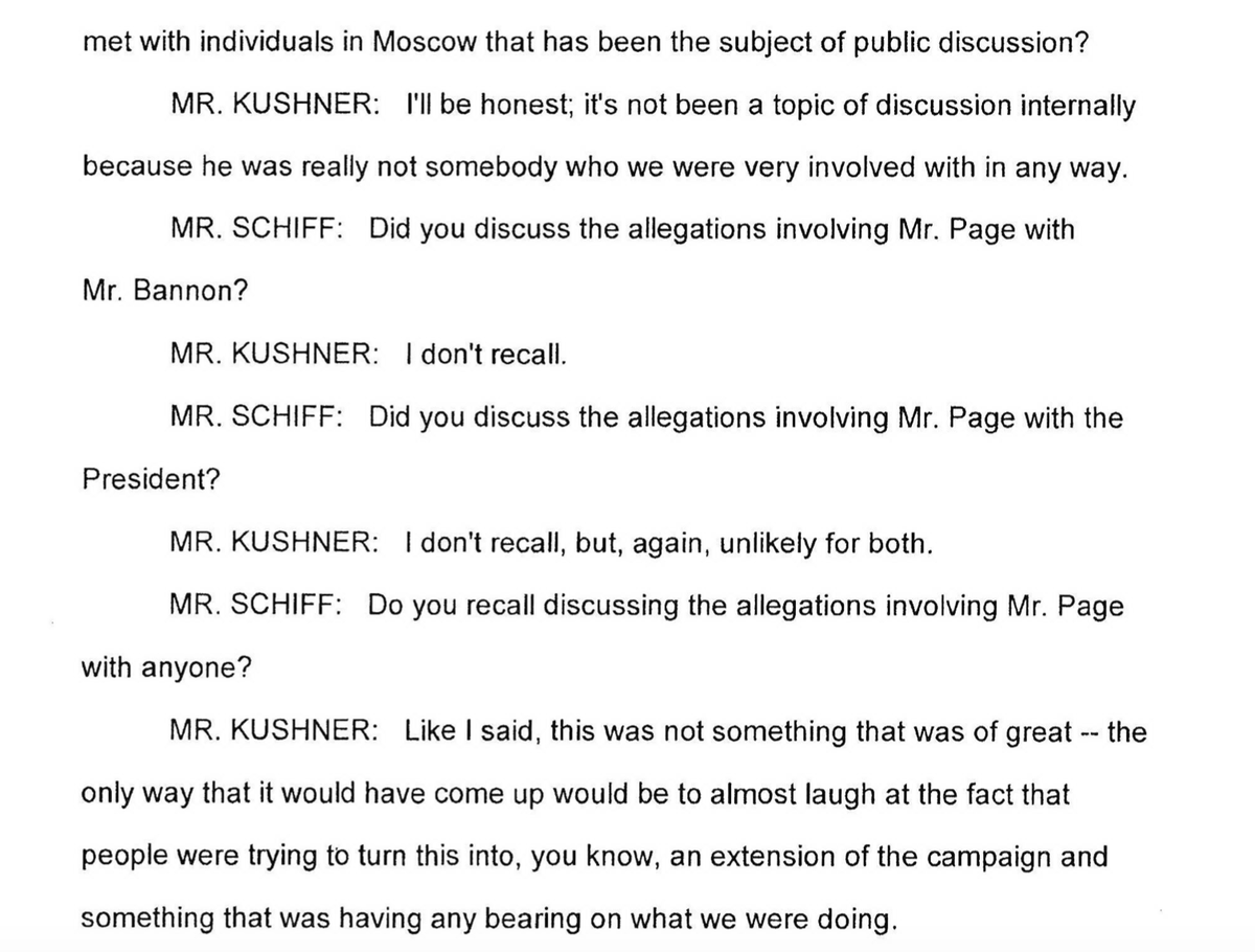 SCHIFF: You sure you never discussed Carter Page or oil companies in Russia or anything?KUSH: He delivered coffee to someone who once went to New York.