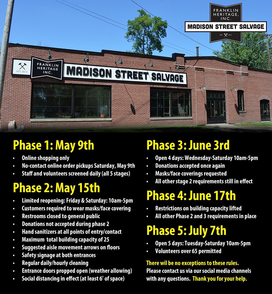 We are excited to publicly announce our 5 phase reopening plan.  Please remember that this Saturday (May 9th) we will be open for online purchase pickups only.  (no retail walk-up business until phase 2. (next Friday, May 15th)  Please let us know if you have any questions.