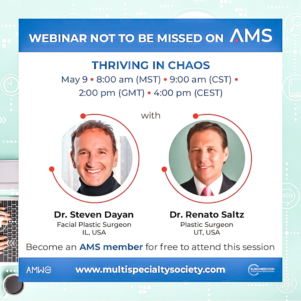 SaltzMD's tweet photo. Dr. Saltz and Dr. Steve Dayan invite you to an unprecedented AMS webinar, “Thriving in Chaos”. Saturday, May 9th, at 8am MST. Don’t miss out! #webinar #amswebinar #spa #medspa #slc #parkcity #utah #utahmedspa #plasticsurgery #saltzplasticsurgery #saltzspavitoria https://t.co/2zHjr26i5C