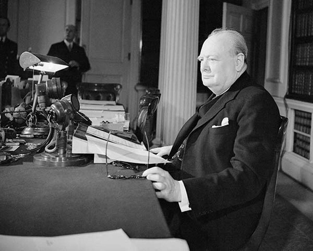 At 3pm Churchill made a national radio broadcast from the Cabinet Room at Number ten where he and his colleagues had ‘grappled with so many grim problems during the years of war’.