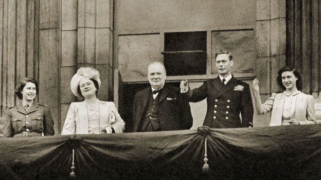 Churchill addressed the Commons before going across to St Margaret’s Church. There, the speaker read out the names of the 21 MPs who had died during the war.At 4:30pm, Churchill and the War Cabinet went over to Buckingham Palace. He stood on the balcony with the two princesses