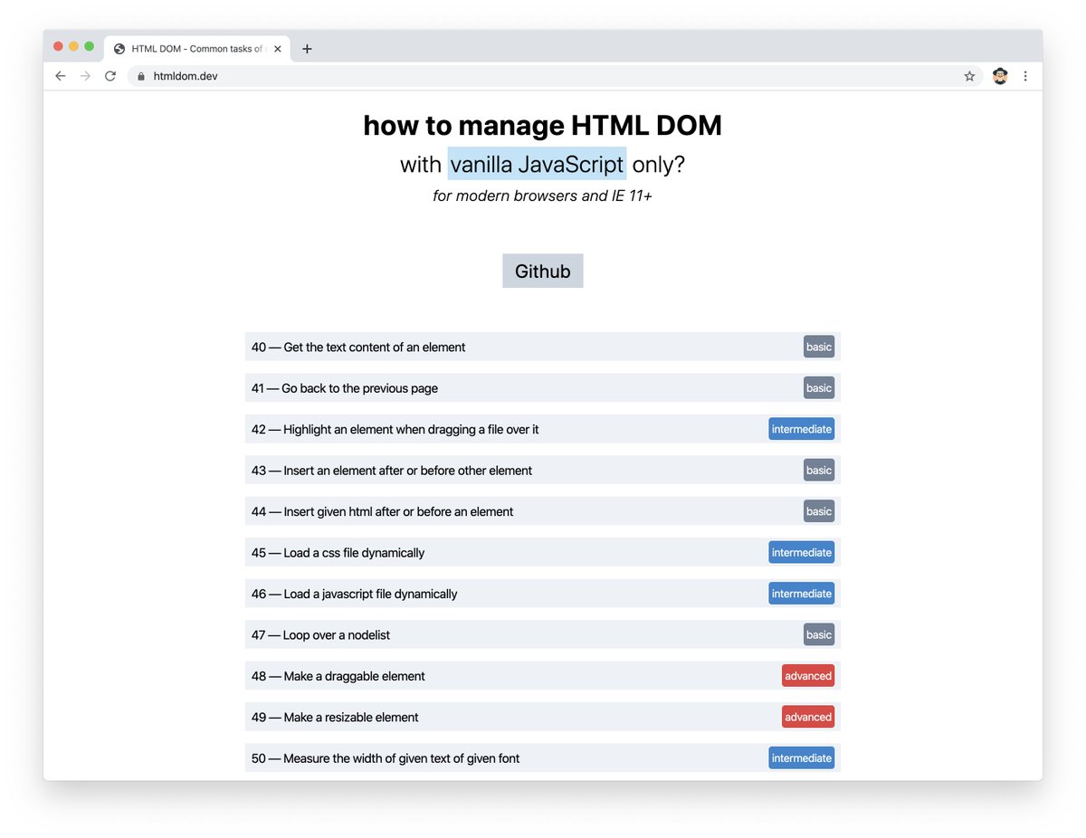 chomolungma14's tweet image. 【Vanilla JavascriptでHTMLDOMを管理しましょう】
htmldom.dev
100種類以上HTMLDOMの使い方について初級、中級、上級に分かれて説明また、ソースコードもあるので、一から学習する方々にもおすすめです。
#VanillaJavascript #Programming #HTML5 #100DaysOfCode