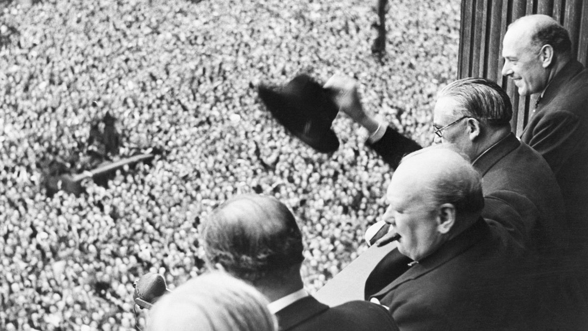 At 6pm Churchill and Bevin appeared on the balcony of the Ministry of Health building. The Times declared it ‘one of the most moving and remarkable scenes’