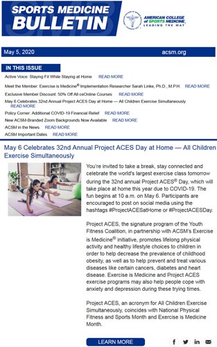 theYFCinc's tweet photo. Thank you to @ACSMNews for the #ProjectACESatHome
Sports Medicine Bulletin feature: https://t.co/0WE8WFXgoX
#EIM #ExerciseIsMedicine #ProjectACES #LTAD #PhysEd https://t.co/lA2IDNrNf8