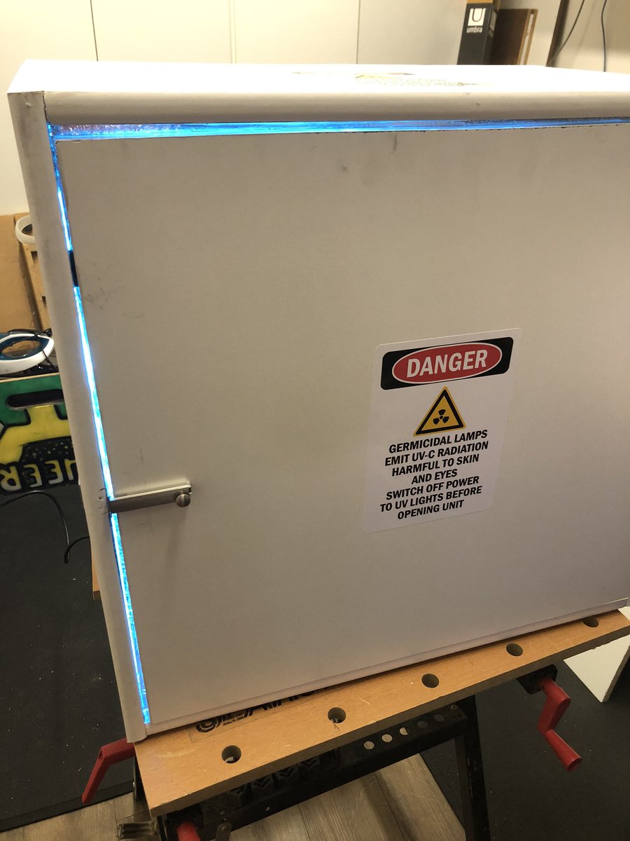 SparkWorksVR's tweet photo. Made a UV light sanitizer box with timer remote for our #VR headsets. Donated it to a local hospital to clean their #facemasks and #PPE #pandemic #Covid_19 https://t.co/ShqfPbUE9c