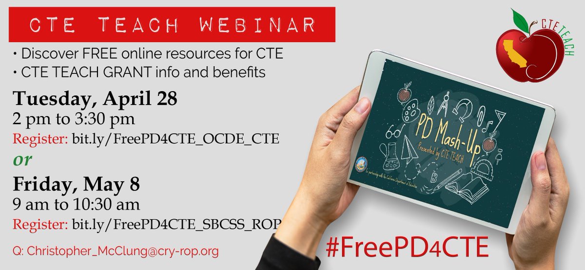 CteTeachCA's tweet photo. There's still time to register for our final #FreePD4CTE webinar! Join us TOMORROW Friday, May 8th at 9 am and discover FREE tools for CTE, Tech. and Student Engagement. Register here >>> https://t.co/0INIc1Ql2n https://t.co/hHM8sUAFf5