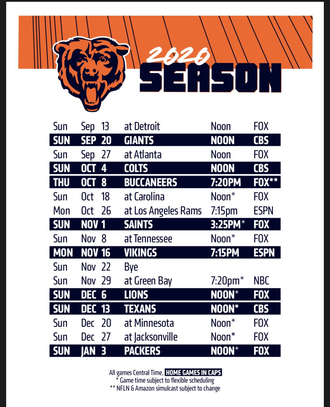 Bears Official 2020 NFL Schedule | Chicago Bears Board Bears Official 2020 NFL Schedule | Chicago Bears Board