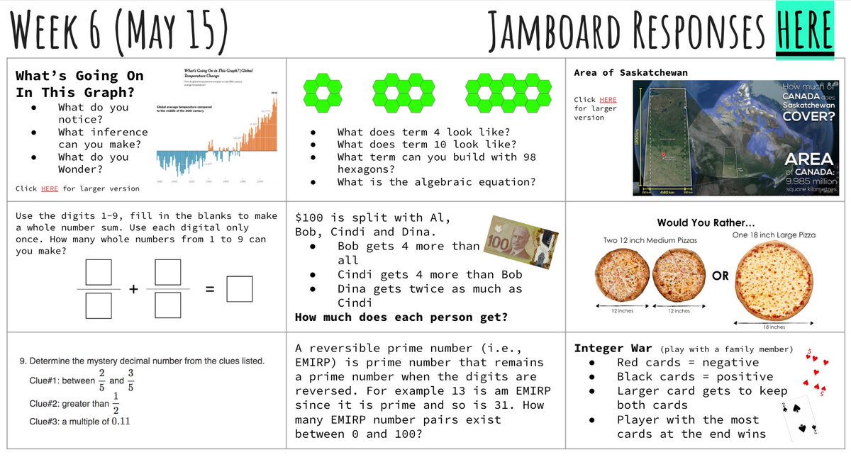 Alanna Osborne (@learnwithmso) on Twitter photo Thanks <a href="/GLewisOCT/">Gerry Lewis, OCT</a> for the inspiration to try spiralling-distance learning style. Here is my first attempt with choice board Fridays. Problem credits to <a href="/openmiddle/">Open Middle</a>, <a href="/nytimes/">The New York Times</a>, <a href="/MathIsVisual/">Math Is Visual</a>, <a href="/MathletePearce/">Kyle Pearce</a>, @uWaterloo_CEMC, <a href="/fawnpnguyen/">Fawn Nguyen</a>, <a href="/traciteacher/">Traci Jackson</a>
bit.ly/frimathcb Thanks <a href="/GLewisOCT/">Gerry Lewis, OCT</a> for the inspiration to try spiralling-distance learning style. Here is my first attempt with choice board Fridays. Problem credits to <a href="/openmiddle/">Open Middle</a>, <a href="/nytimes/">The New York Times</a>, <a href="/MathIsVisual/">Math Is Visual</a>, <a href="/MathletePearce/">Kyle Pearce</a>, @uWaterloo_CEMC, <a href="/fawnpnguyen/">Fawn Nguyen</a>, <a href="/traciteacher/">Traci Jackson</a>
bit.ly/frimathcb