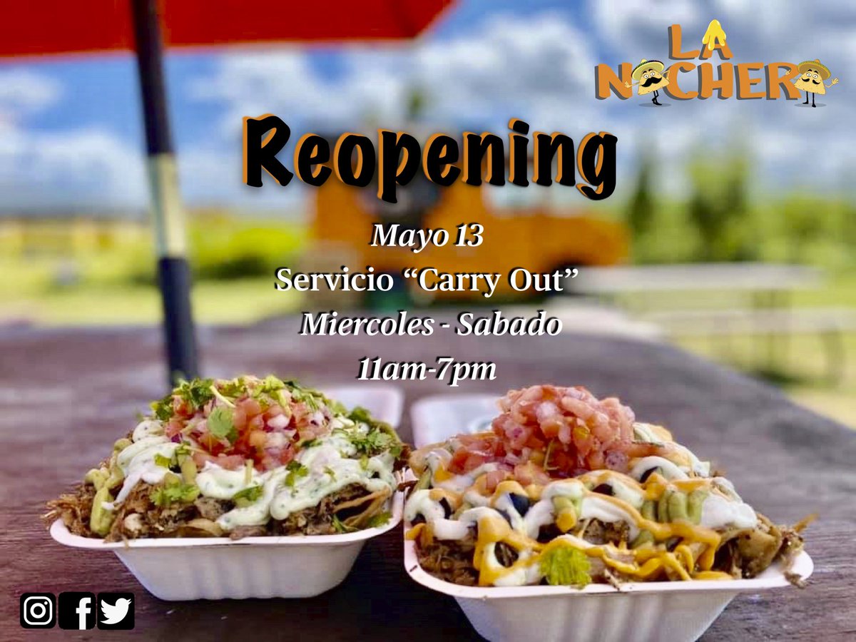 Nacher@s regresaremos 🎉 con #Losmejoresnachosdepuertorico 🇵🇷  este próximo Miércoles 13 de Mayo 
.
Estaremos brindado servicio de “Carry-Out” 🏎💨 tomando todas las medidas preventivas. Le exhortamos el uso de protección como las mascarillas 😷 para poder ser atendido ‼️