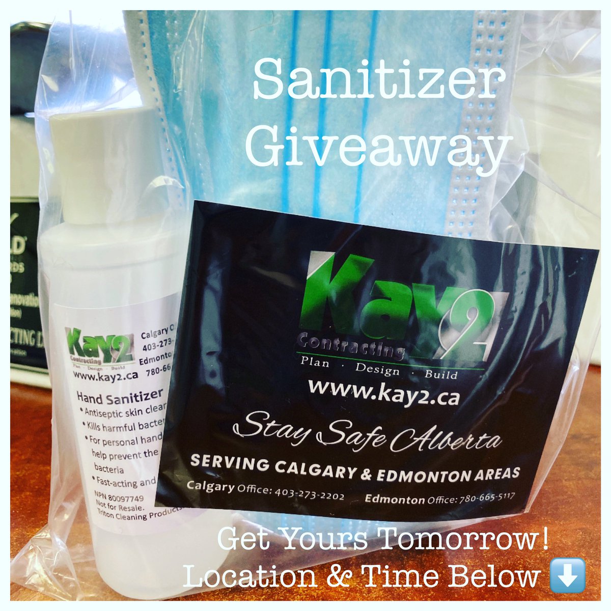 kay2_ltd's tweet photo. Tomorrow at 10:00am we will be located in the parking lot at Heritage Gate SE between Costco and Coop Gas Bar. Watch for our Trucks 👀 

Please remember to maintain physical distancing from our team and each other as we will provide these from a safe distance. Limit 1 per vehicle https://t.co/zWmWKa69WT