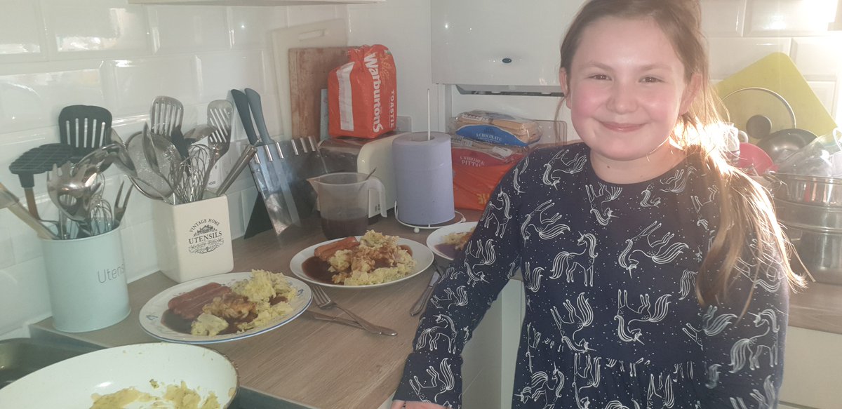 BremnerHayley's tweet photo. @LavenhamPrimary this evening Bethany prepared and made us a wartime tea of Bubble and Squeek. All made fresh, as we had no leftover mash and cabbage. It was delicious  ❤ #eaglestakeover https://t.co/CZQKQ7eI9I