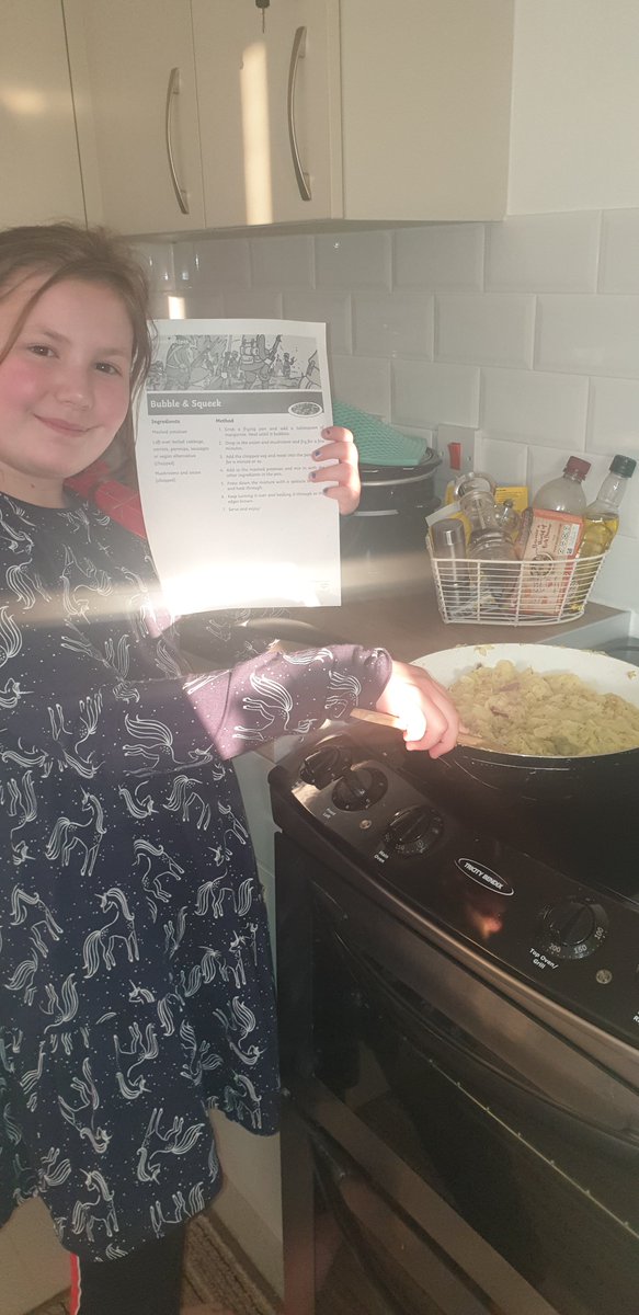 BremnerHayley's tweet photo. @LavenhamPrimary this evening Bethany prepared and made us a wartime tea of Bubble and Squeek. All made fresh, as we had no leftover mash and cabbage. It was delicious  ❤ #eaglestakeover https://t.co/CZQKQ7eI9I