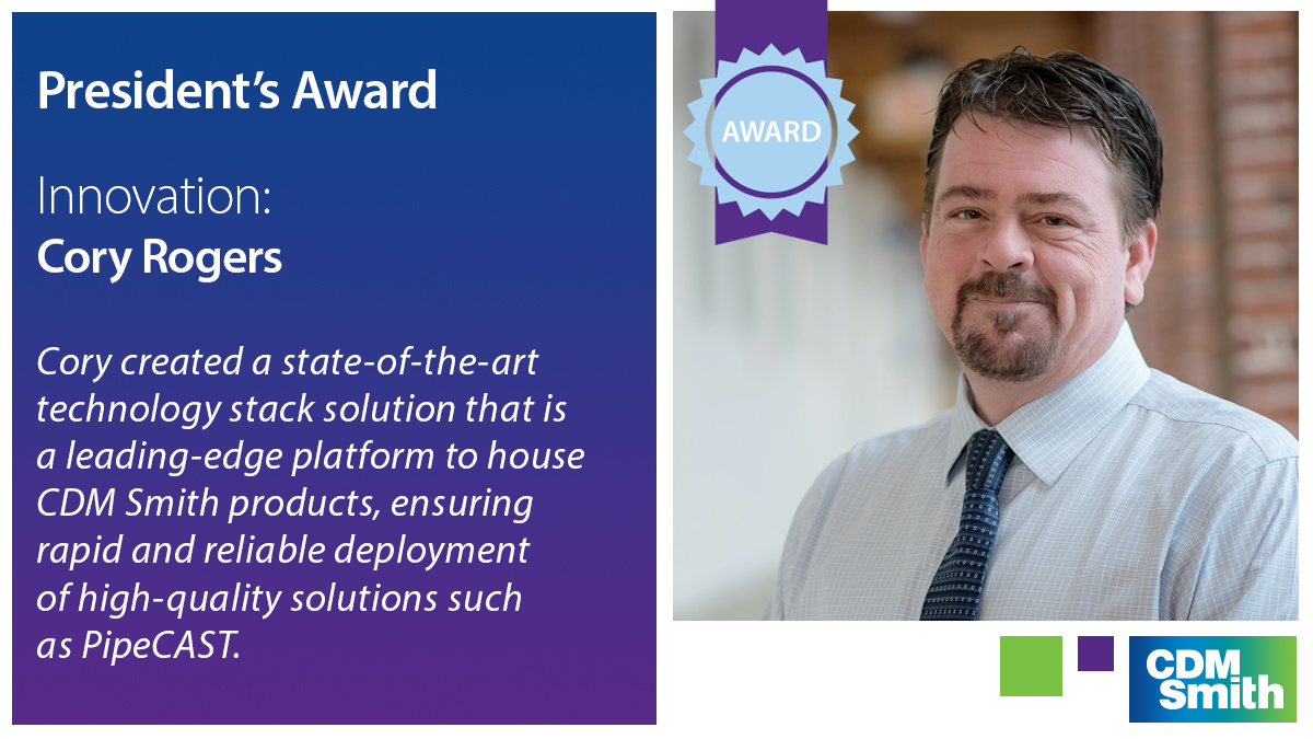 CDMSmith's tweet photo. Hats off to Cory Rogers who earned a 2019 President's Award for Innovation! With this recognition, Cory receives a career development package of up to $5,000.
See the full list of 2019 Enterprise Award winners: https://t.co/Nb9PlGTt9J #UnmatchedEmployeeExperience https://t.co/Y6wcMmPPfB