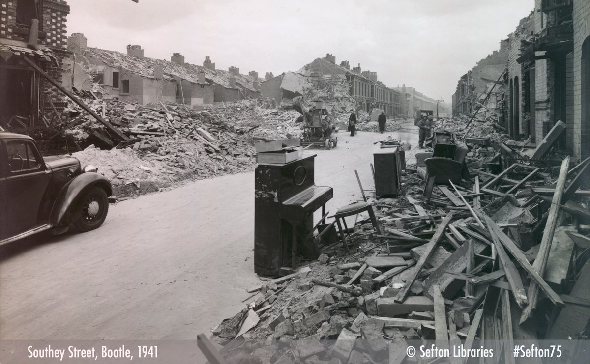 This  #WW2  #Blitz photo shows bomb damage to Southey Street, off Marsh Lane,  #Bootle 1941 |  @SeftonLibraries  #Sefton75  #VEDay75  #LestWeForget  #Liverpool  #MerseysideIf you’ve got  #Sefton links, and want to share your family’s  #WW2 story:  http://seftonwarmemorials.org 