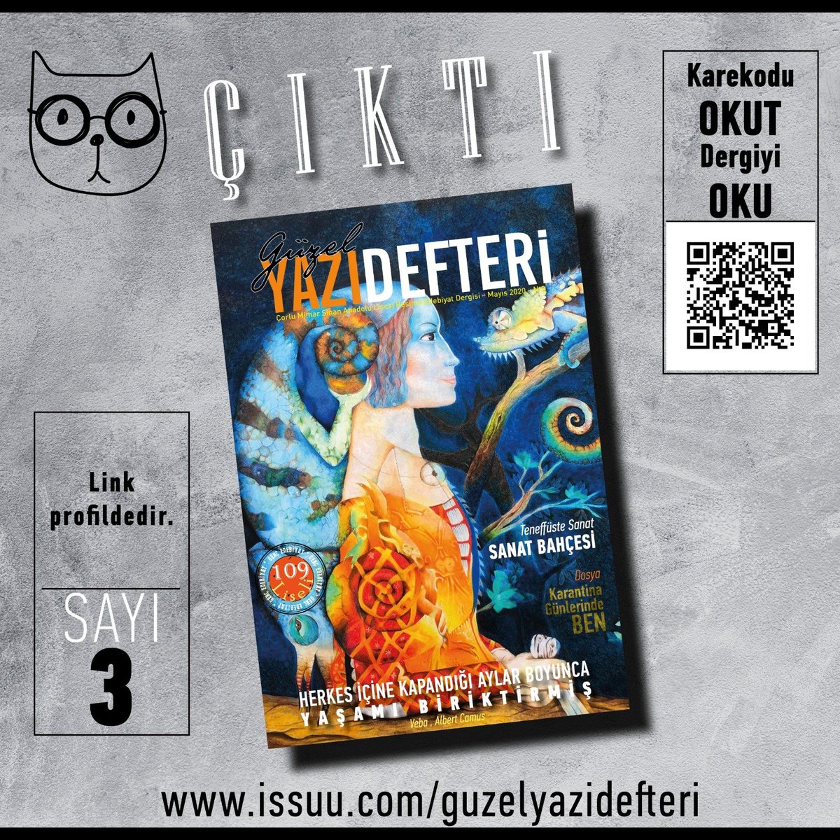 3. sayımız yayınlandı. 
Basılı olarak yayınlamayı düşündüğümüz bu sayımızı, karantina nedeniyle e-dergi olarak paylaşıyoruz. 
Sağlık ve sanat dolu günler dileriz.

Güzel Yazı Defteri’nin e-dergi linki>>
issuu.com/yazidefteri/do…

Derginin PDF dosyası için>> drive.google.com/file/d/1sANBuJ…