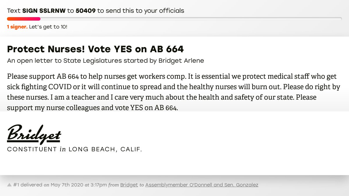 openletterbot's tweet photo. 🖋 Support Bridget by signing “Protect Nurses! Vote YES on AB 664” and I’ll deliver a copy to your officials too: https://t.co/OVOngviDwb

📨 Last delivered to Assemblymember O'Donnell and Senator Gonzalez  #CApolitics #CApol #VoteByMail https://t.co/eGlOSVrRy8